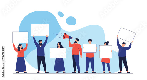 Diverse group of people holding blank signs and a megaphone at a protest or rally.