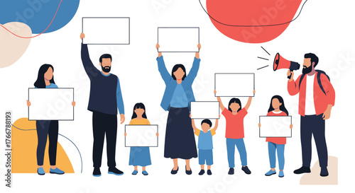 A diverse group of people including children, adults, men, and women march, holding blank signs and listening to a man speaking into a megaphone.