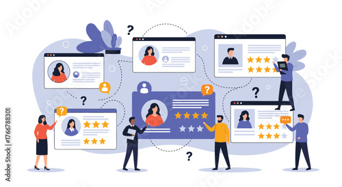 Human resources team members evaluating diverse candidate profiles and feedback for job recruitment and talent management.