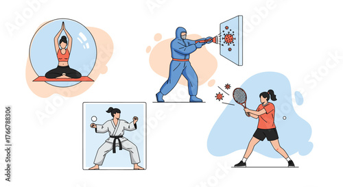 Concept of strengthening immunity against viruses through different healthy activities, like yoga and sports, for protection.