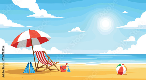 A sunny and inviting beach scene with a striped umbrella, chair, fins, sand toys, and beach ball on golden sand beside the blue ocean.