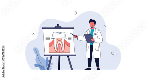 Dentist presenting a diagram of a tooth during a dental health presentation, illustrating tooth structure and anatomy.