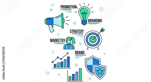 Marketing and Branding Icons Promotion Strategy and Brand Elements.