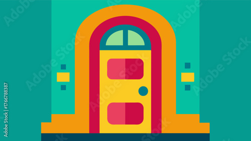 A brightlycolored front door with a large easytoread house number to help individuals with dementia recognize and locate their home.. Vector illustration