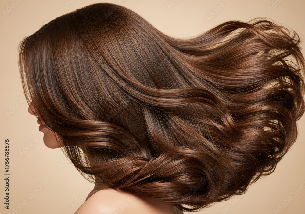 Naklejka premium Cropped shot of a beautiful woman’s hair against a beige background, showcasing healthy, brown hair – hair care, beauty, and self-care concept