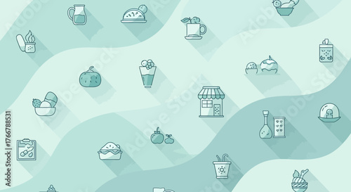 Collection of Cute Food Icons with Long Shadows.