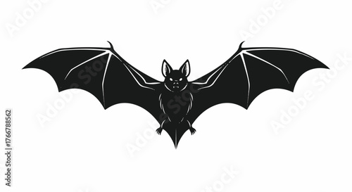 A black silhouette of a bat in flight against a clean white background with outstretched wings.