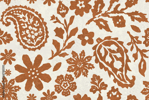 Rustic brown floral paisley seamless pattern featuring hand-cut-style botanical motifs and vintage textured background. Boho-inspired pattern blends traditional art. Organic shapes create a natural.
