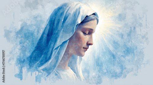 Watercolor portrait of the Immaculate Conception in glowing white light.