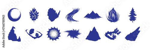 Business symbol abstract geomatic shape decorative botanical flower outline spiral swirl energy motion texture set vintage circle leaf fire water bird wing retro, vector illustration.