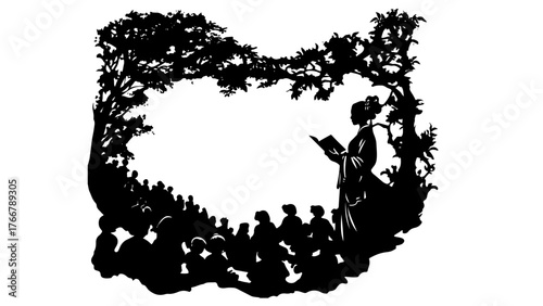 Silhouettes of a group of people listening to a woman telling a story, black and white landscape vector illustration