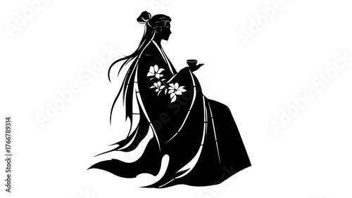 Asian inspired man in historic outift or kimono, drinking tea, silhouette vector in black and white, made for shadowpuppet play. 