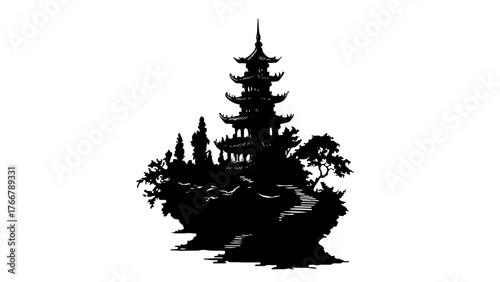 Japanese temple pagoda silhouette vector in black and white
