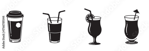 Collection of diverse drink illustrations featuring glasses, cups, and straws, including soda, juice, coffee, and cocktails, in various designs, vector illustration.