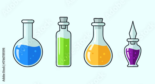 A collection of four colorful glass potion bottles filled with blue, green, orange, and purple liquids, set against a light blue background.