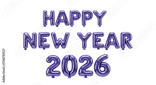 Purple metallic balloons spelling happy new year 2026 isolated on transparent background