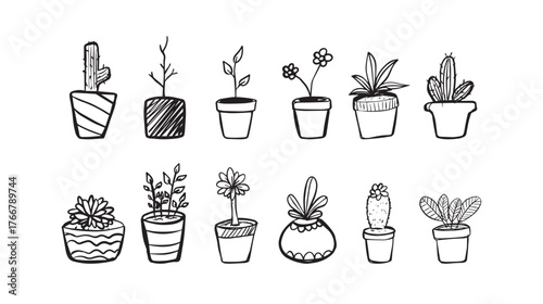 Plant hand drawn collected illustration. Set of Houseplants outline drawings. Indoor exotic flowers in pots line art. Monsters, aloe, hanging plant for home interior plans, design. Vector illustration