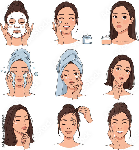 Isolated a Skincare set. Collection of girl take care of her face and apply facial sheet mask. Woman making skincare procedures. Skin care routine, hygiene and moisturizing. vector art .