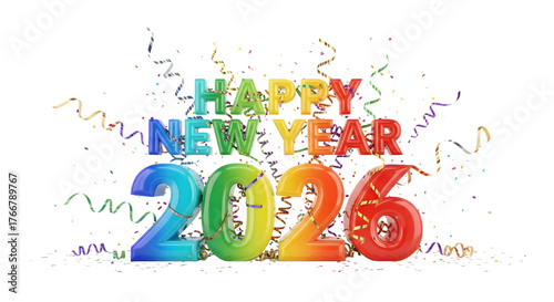 Colorful 3d happy new year 2026 text with confetti and streamers isolated on transparent background
