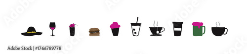 Set of food and drinks icons for menu design and info graphics including burger, sushi, coffee, ice cream, and fruit. Flat icon set of food and drinks burger, pizza, ice cream, and more, vector.