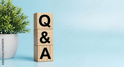 Wooden blocks stacked with q & a letters next to a potted plant against a light blue background representing questions and answers session