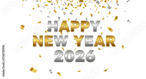 Happy new year 2026 text with falling gold and silver confetti isolated on transparent background