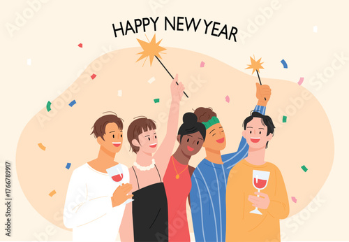 Festive New Year Celebration with Friends Clinking