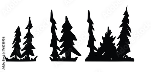 Silhouette with trees and coniferous forest landscape silhouettes, Simple silhouette of three evergreen trees standing on a gentle slope. Vector illustration.