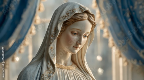 Catholic devotional scene of Mary in marble, bathed in gentle light.