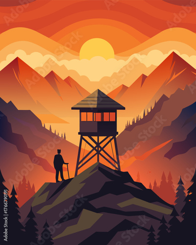 A solitary figure stands silhouetted against the fiery hues of the sunset engrossed in their work from the mountain lookout tower.. Vector illustration