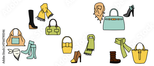 淡い色合いの秋冬ファッション小物セット　バッグとマフラーのイラスト