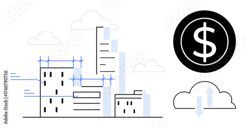 High-rise buildings under construction, a dollar coin, and a cloud with arrows. Ideal for finance, investment, urban planning, cloud technology, architecture prosperity data transfer. Simple flat