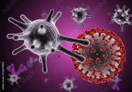 A 3D medical illustration showing an immune cell attacking a coronavirus particle against a purple background