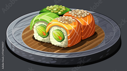 Very beautiful, appetizing California sushi roll with cheese, avocado, cucumber, and salmon in sesame seeds on a black stone plate, gourmet Japanese cuisine, elegant food presentation, and fresh ingre