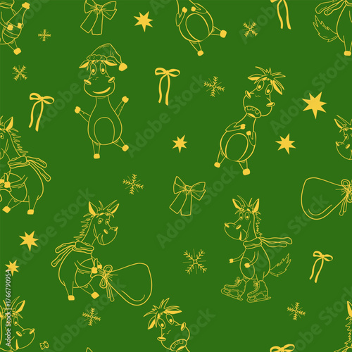 Cheerful seamless pattern featuring adorable cartoon horses in festive winter scenes. Wearing Santa hat, carrying gift, skating. Green background in yellow lines. Doodle. Christmas element.