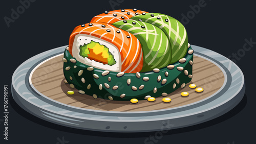 Very beautiful, appetizing California sushi roll with cheese, avocado, cucumber, and salmon in sesame seeds on a black stone plate, gourmet Japanese cuisine, elegant food presentation, and fresh ingre