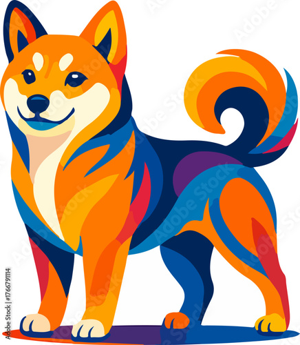 Shiba Inu Dog With Curled Tail Confident Stand In Vibrant Colors