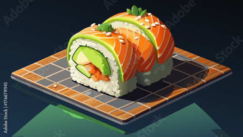 Very beautiful, appetizing California sushi roll with cheese, avocado, cucumber, and salmon in sesame seeds on a black stone plate, gourmet Japanese cuisine, elegant food presentation, and fresh 
