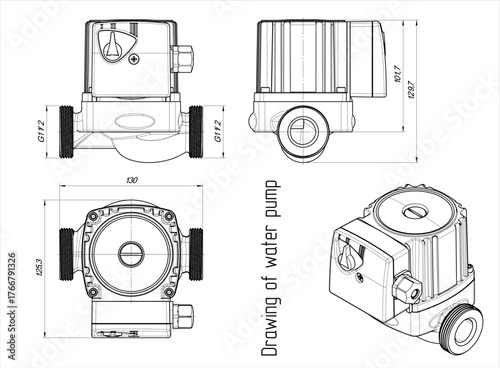 Vector water pump. Engineering mechanical 
educational drawing and 3d model of cold water supply device with dimension line. Industrial design 
on white paper sheet. Technology schematic diagram.