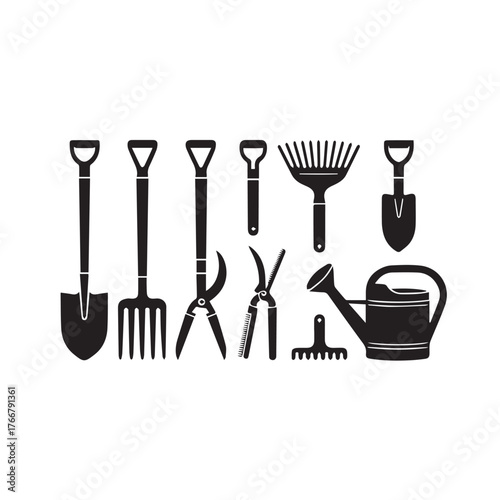 Vector art of silhouette of gardening tools, including shovel, rake, watering can, and pruners for yard work and landscaping