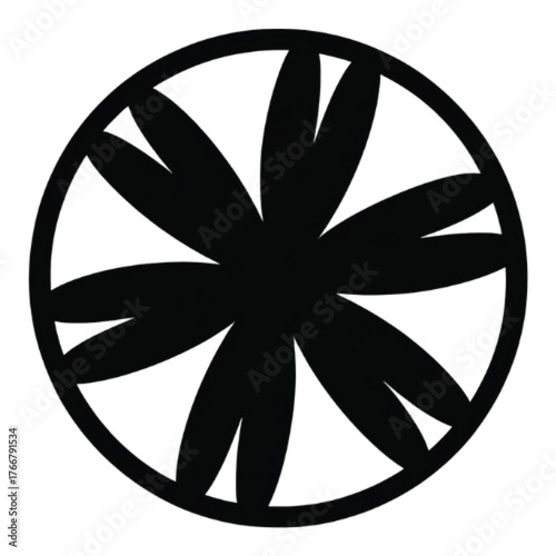A black silhouette of a stylized eight-petaled flower or pinwheel enclosed within a circular frame.