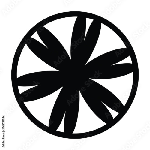 A black silhouette of a stylized eight-petaled flower or pinwheel enclosed within a circular frame.