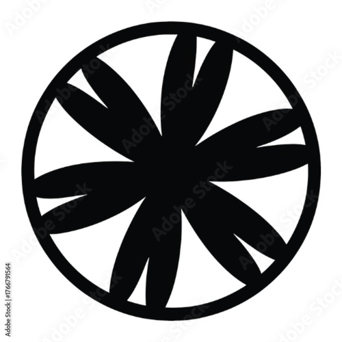 A black silhouette of a stylized eight-petaled flower or pinwheel enclosed within a circular frame.