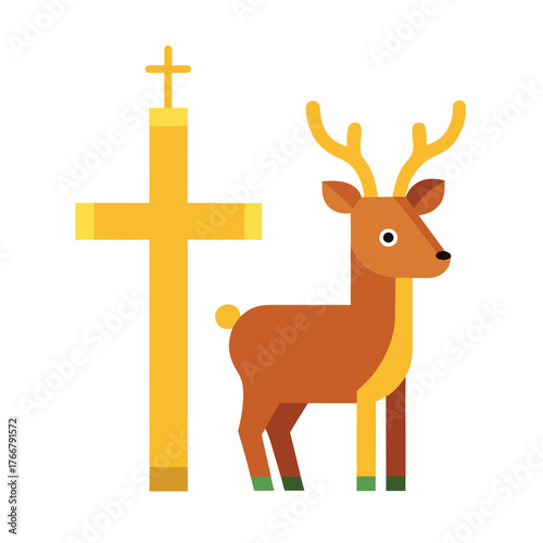 Flat Colorful Vector of Reindeer Beside Cross with Glowing Light for Christmas, Christian Holiday, and Festive Celebration