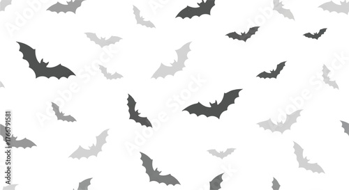 Collection of black and gray bat silhouettes flying against a clean white background in various directions.