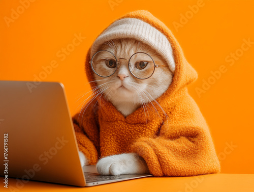Funny cat in orange hoodie and glasses working on laptop against bright orange background