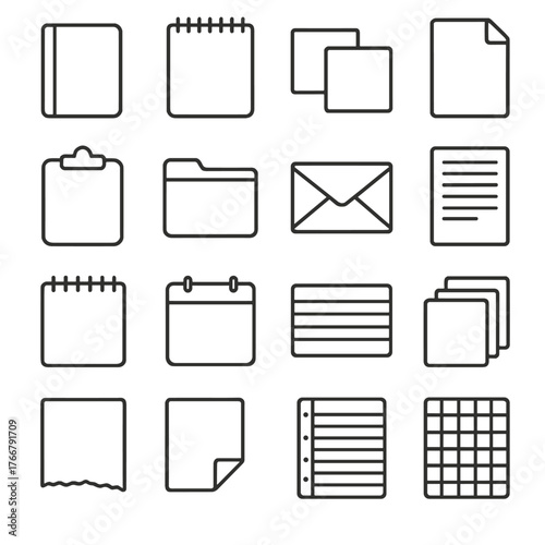 Office and document linear icon set. featuring notebook, clipboard, folder, envelope, calendar, grid, and files