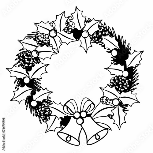 An elaborate line art wreath composed of intertwined Christmas elements like bells, holly, and pine cones, on white