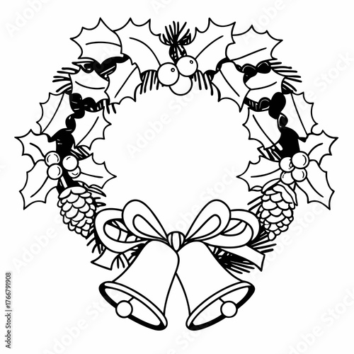 An elaborate line art wreath composed of intertwined Christmas elements like bells, holly, and pine cones, on white