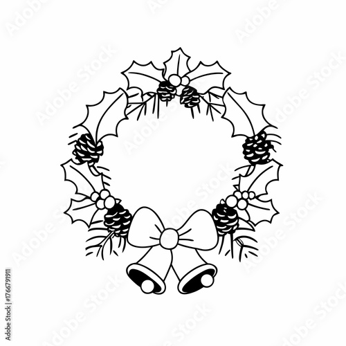 An elaborate line art wreath composed of intertwined Christmas elements like bells, holly, and pine cones, on white